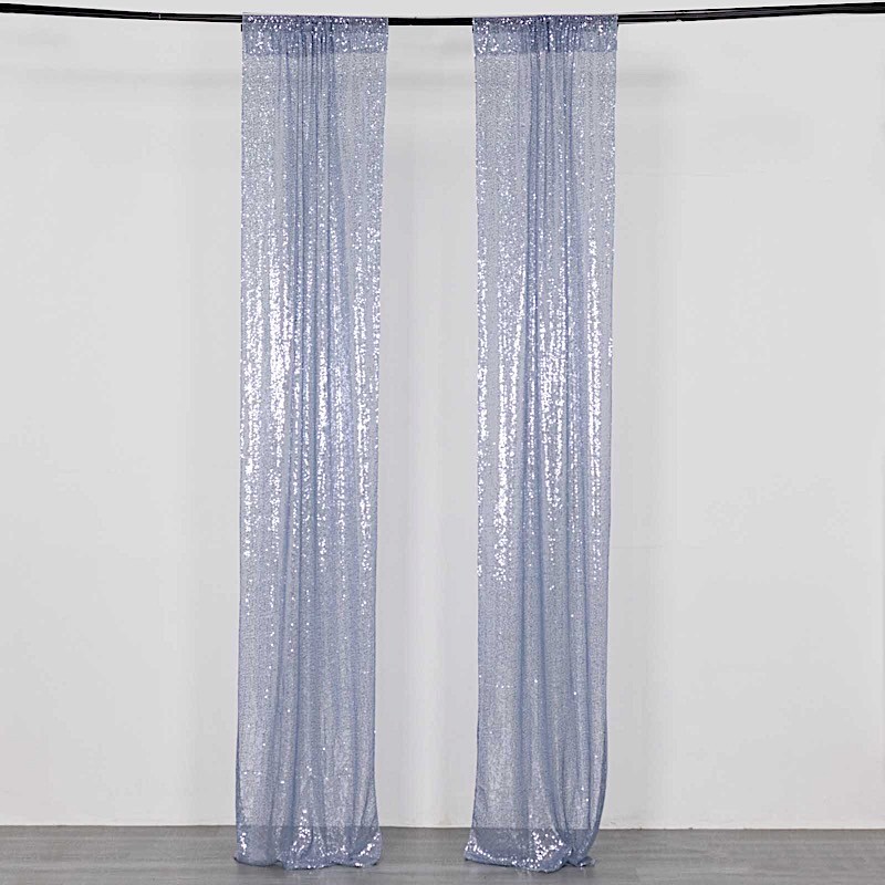 2 DUSTY BLUE 8ft x 2ft Sequined Backdrop Curtain with Rod Pockets Wedding