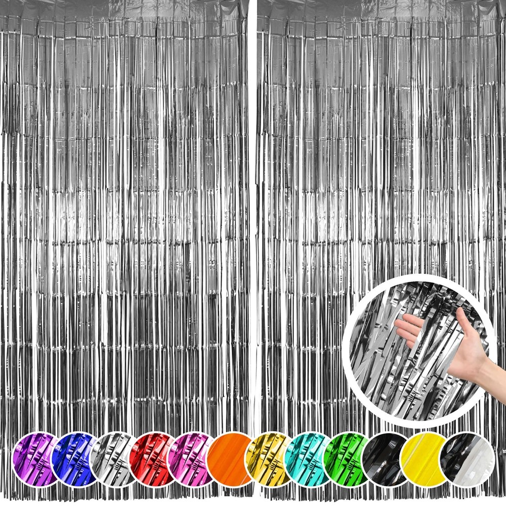 Hampton Distribution 2 Pack Silver Foil Fringe Curtains, Silver Tinsel Backdr…