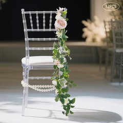 12 Pcs Artificial Wedding Chair Rose Flowers with Ribbons Pink White Green