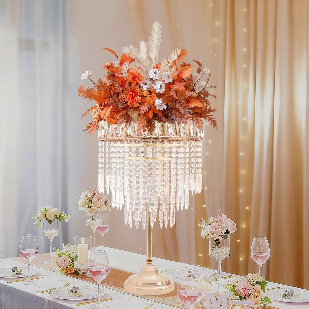Gold Flower Stand with Hanging Crystal Strips 70cm Wedding Party Table Decor