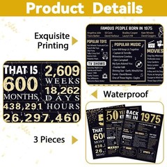 50th Birthday Gifts for Men 1975 Birthday Decorations 3 Pieces 11 x 14 Back i…