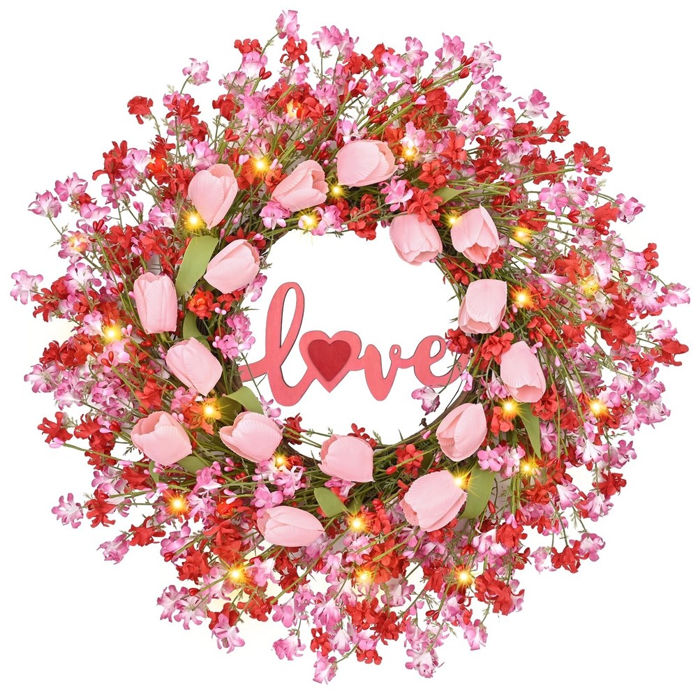 22IN Valentines Day Wreath Decorations, Wreath for Front Door, Pink Tulip Val…
