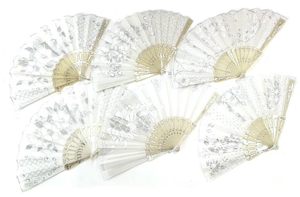 4 WHITE WEDDING FABRIC LACE HELD HAND FANS novelty 9 inch fan BRIDE accessories