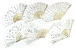 4 WHITE WEDDING FABRIC LACE HELD HAND FANS novelty 9 inch fan BRIDE accessories