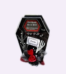Halloween decor,#halloweenwedding,#gothic #wedding,coffin,black,red,black,skull