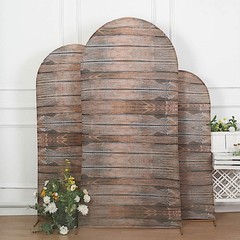 3 Brown Fitted Spandex Round Top Backdrop Stand Covers Set Wooden Design Party