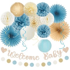 Light-Dusty Blue Boho Baby Shower Party-Decorations – 21pcs Beige Champagne B…