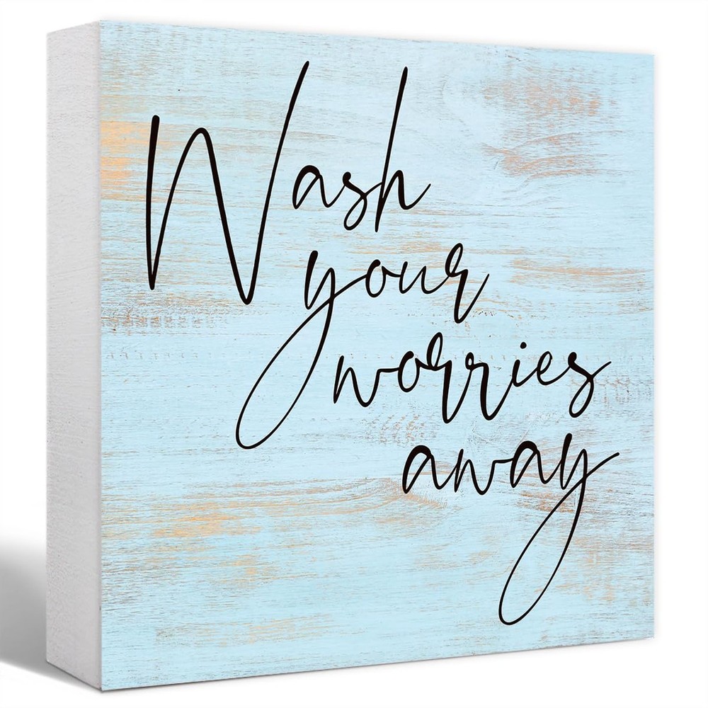 Funny Rustic Blue Wood Sign – Wash Your Worries Away – Wood Block Sign for Sh…