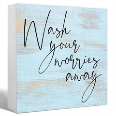 Funny Rustic Blue Wood Sign – Wash Your Worries Away – Wood Block Sign for Sh…