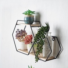 Black Natural 2 Tier Hexagon Metal Wood Geometric Floating Shelf Decorations