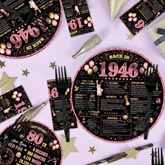 96Pcs 80th Birthday Decorations Women Tableware Set Rose Gold Back in 1946 Pa…