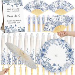 Blue Floral Wedding Favor Set: 61 Pcs with Umbrellas, Fans, Bags & Sign