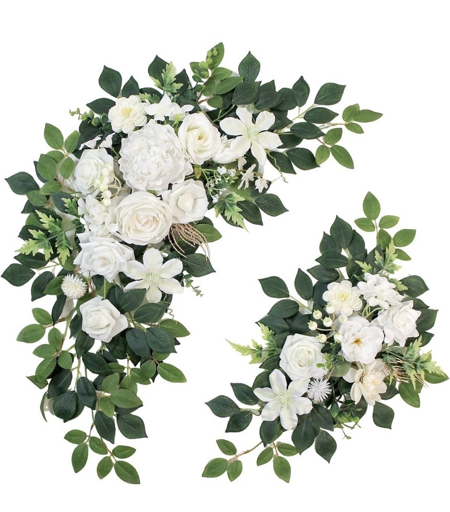 BMQDSM Wedding Arch Flowers Artificial Floral Swag Set White Green 2PCS
