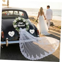 Just Married Car Decorations Set – White Floral Wreath with Long Tulle, Static