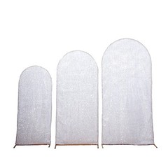 3 SILVER Metallic Tinsel Round Top Arch Polyester STAND COVERS Set Party Events