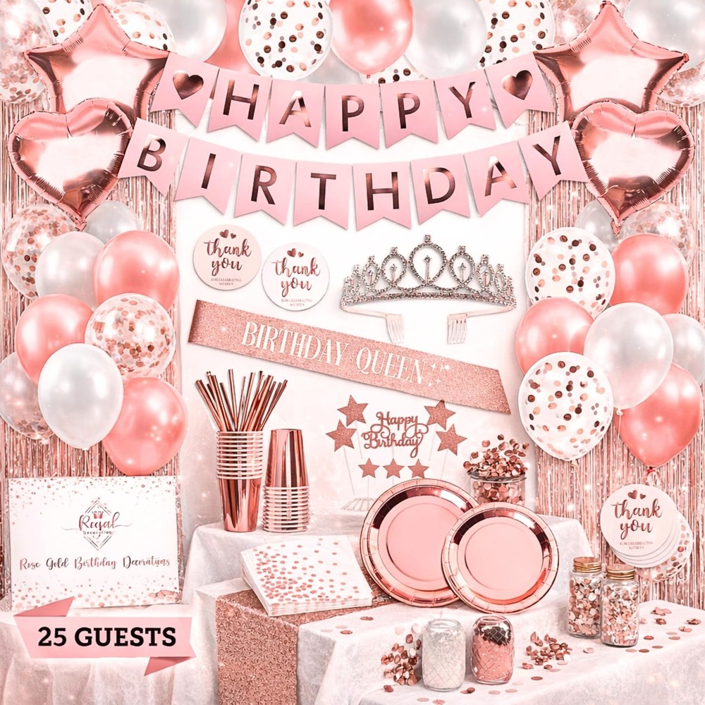 225 PC Rose Gold Birthday Party Decorations Kit for Girls, Teens, Women – Hap…