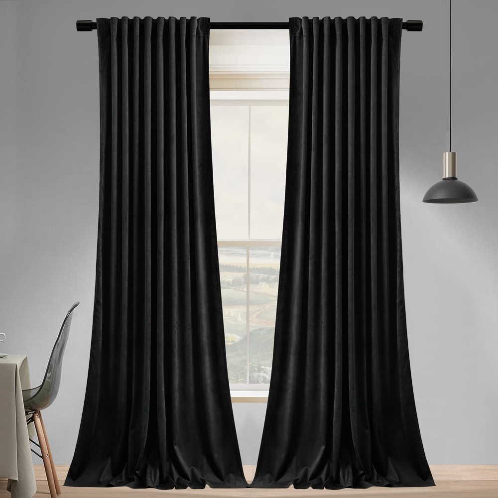 SNITIE Black 108 in Long Velvet Curtains with Back Tab and Rod Pocket | Therm…
