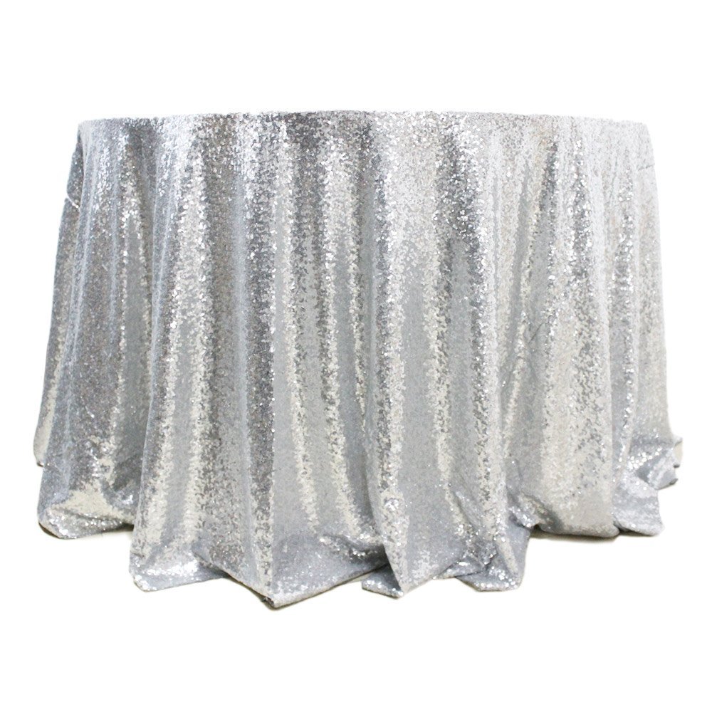 5 SEQUIN TABLECLOTHS 120″ ROUND 3 COLORS WEDDING OVERLAY 60″ TABLE MADE in USA