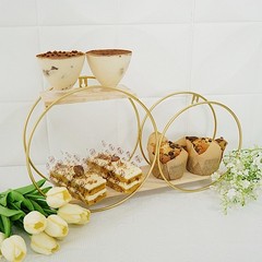 2 Tier Gold Natural Round Metal with Wood Geometric Floating Shelf Decorations