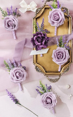 Set of 6 Lavender/Plum Rose Boutonnieres for Groom/Groomsmen Wedding