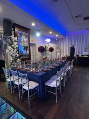 Ling’s Moment Burgundy Navy Flower Runner, fabric arch & table linen & candles