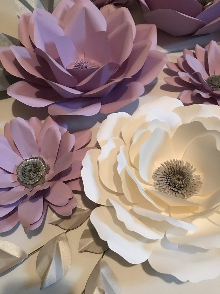 9 White Lilac Grey Accent Giant 3D Paper Flower Set