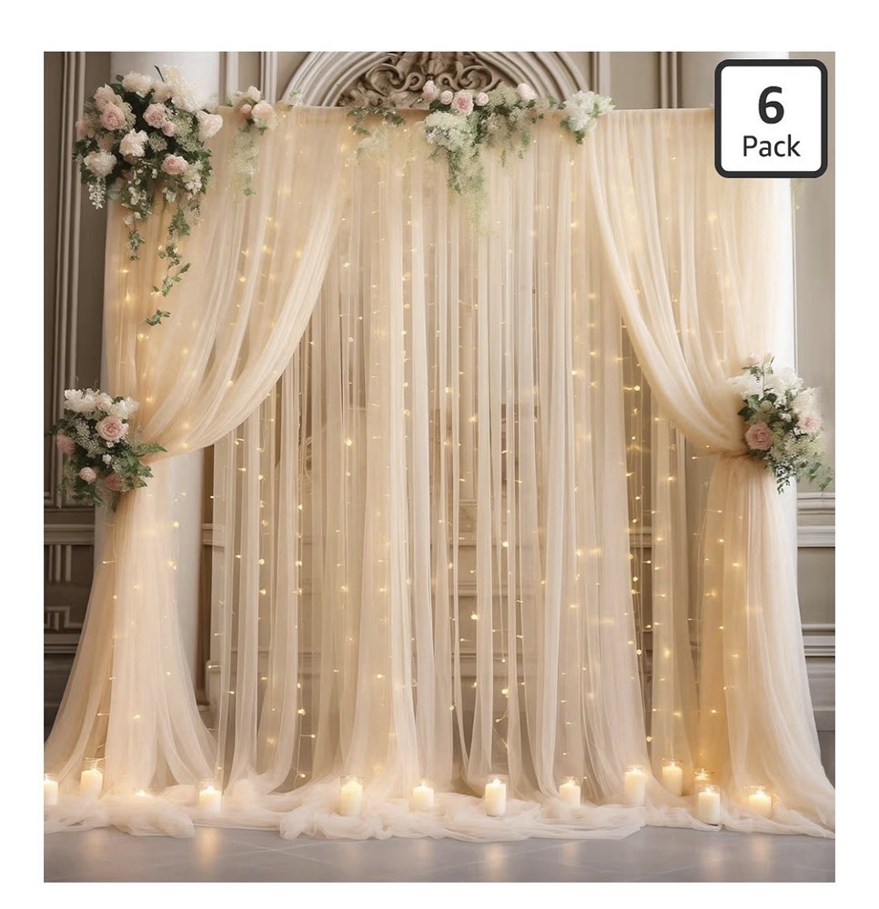 Backdrop 12 panels 30x10ft Champagne Tulle Curtain+ Lights String + Flowers