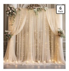 Backdrop 12 panels 30x10ft Champagne Tulle Curtain+ Lights String + Flowers