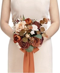 Ling’s Moment 9in Artificial Wedding Bouquet Terracotta Burgundy White Reusable