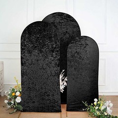 3 BLACK Crushed Velvet Round Top Wedding Arch Backdrop STAND COVERS Set Party
