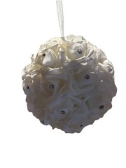 White Rose Kissing Ball w/ Rhinestones & Ribbon Wedding Decor Flower Girl