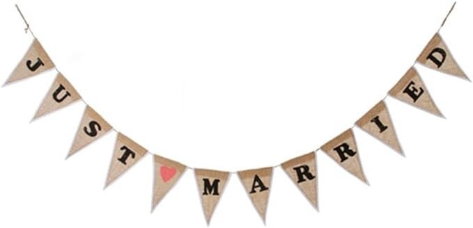 Just Married Burlap Banner, 8.75″ Tall x 80″ Long, Wedding Banner, Bunting