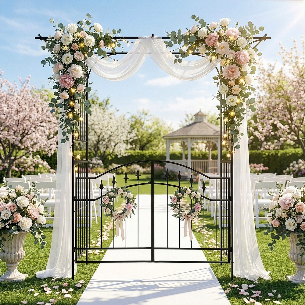 Metal Wedding Arch 7FT Stand Archway w/ Door for Outdoor Garden Party Decoration