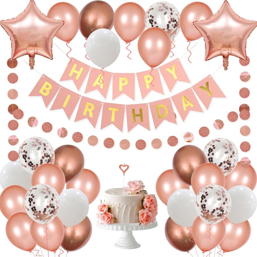 Rose Gold Birthday Party Decorations Set – Happy Birthday Banner, Circle Dots…