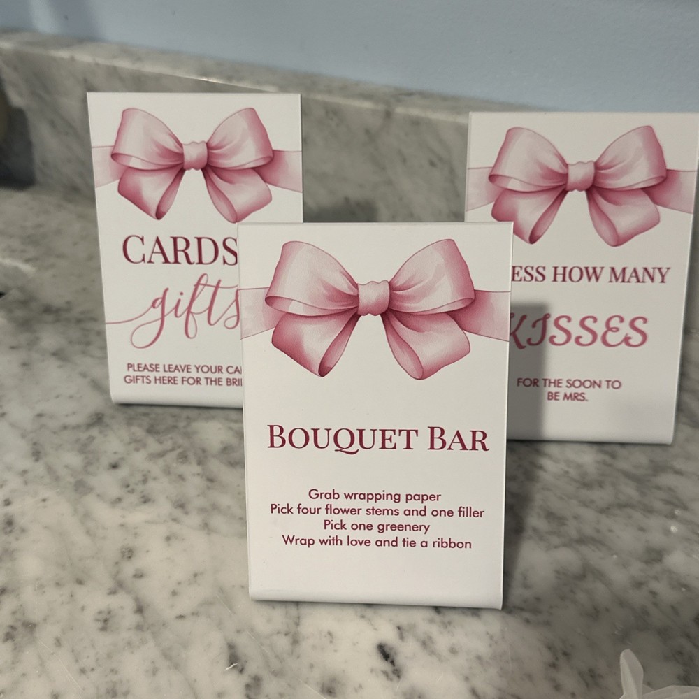 3pc Bridal Shower 4×6 Tabletop Signs 👰Cards & Gifts, Bouquet Bar, Kisses Game