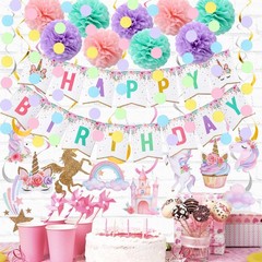 Unicorn Birthday Decorations, Happy Birthday Banner,9pcs Tissue Paper Pom Pom…