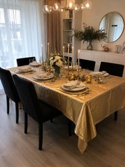 Gold Wedding Chair Cover Bow Set 16 Covers + 3 Tablecloths Event Decor