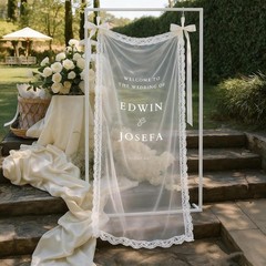 Personalized Sheer Wedding Welcome Sign with Lace Trim, Hanging Banner Romantic