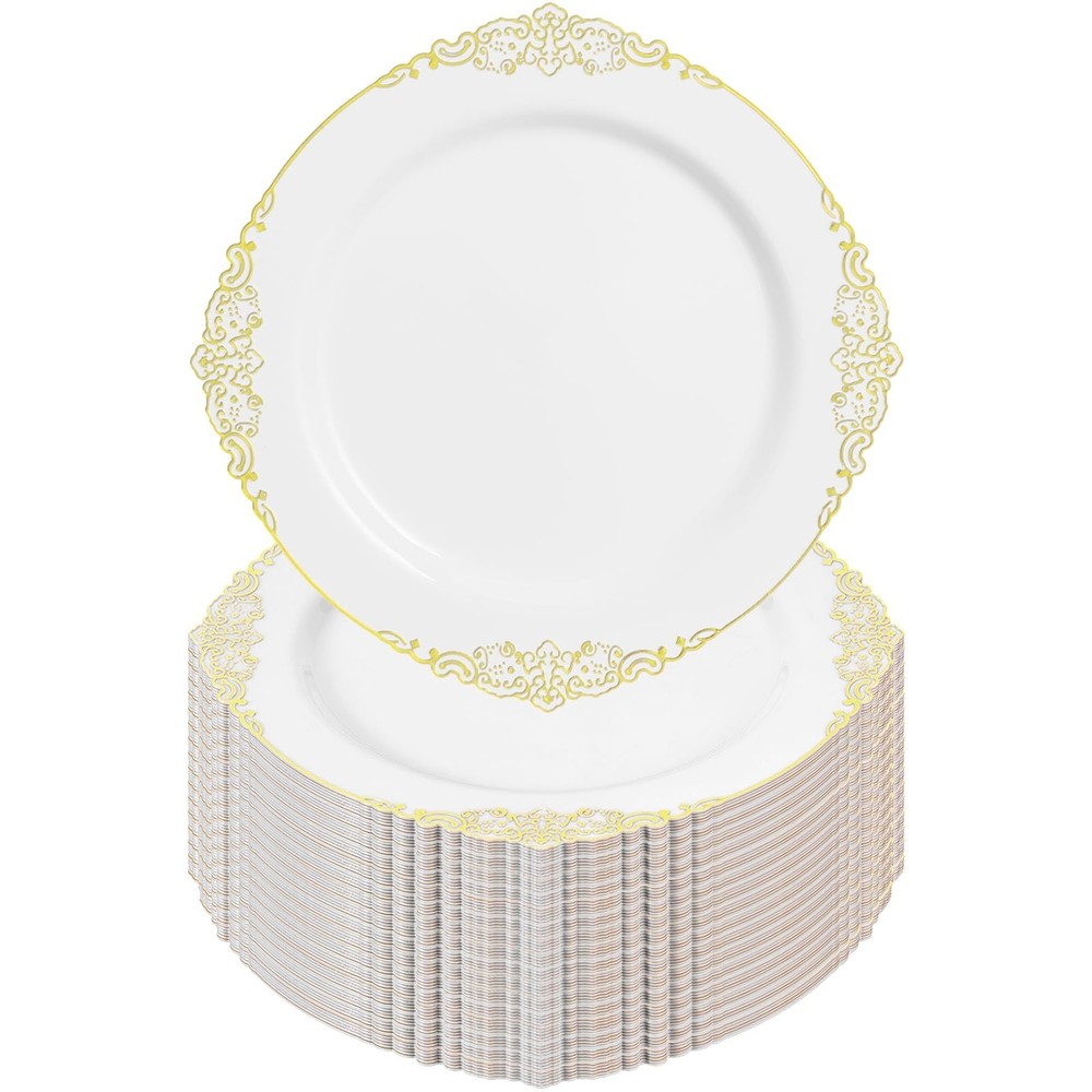 Goodluck 100PCS White and Gold Plastic Plates – 10.25” Heavy Duty Di