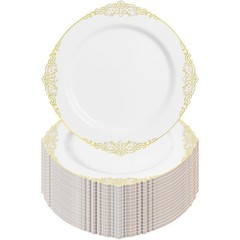 Goodluck 100PCS White and Gold Plastic Plates – 10.25” Heavy Duty Di