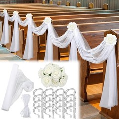 34 Pcs Wedding Aisle Pew Decor Set – Tulle Flowers, White Ceremony Decorations