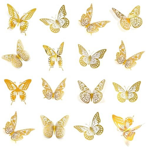 3D Butterfly Wall Decor 48 Pcs – 4 Styles & 3 Sizes, Removable Wall Gold