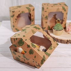 12 Brown Green 6″ Tropical Leaf Dessert Bakery Cake Boxes Window Party Supplies