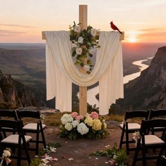 71″ Wedding Wood Cross with White Ribbons & Eucalyptus Garland