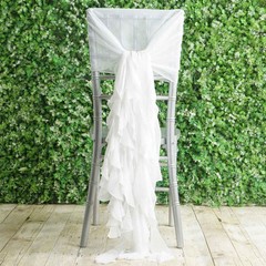 White Premium CHAIR COVER with Curly Chiffon Ruffled SASHES Decorations
