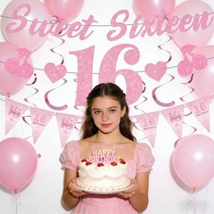 Glitter Pink16th Birthday Banner – Pre-Strung Cherry Sweet Heart Birthday Dec…