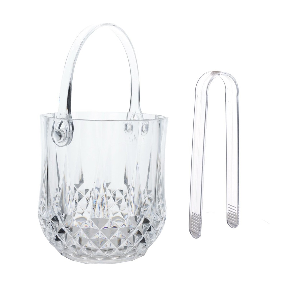 3 Clear pack Plastic Small Ice Buckets with Handle and Tongs in Crystal-Cut