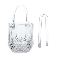 3 Clear pack Plastic Small Ice Buckets with Handle and Tongs in Crystal-Cut