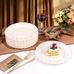 U-QE 100 Count 9 Inch Ivory Plastic Plates for Party – Scalloped Disposable D…