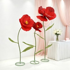 3 Pack Large Burgundy Artificial Corn Poppy Flowers, Freestanding Floral Decor